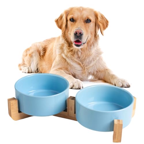 Viusneun Hundenapf Keramik, 2 Stück Futterschüssel Wassernapf Napf mit Bambus Ständer für mittelgroße und große Hunde Futter- und Wassernapf (Blau,12 * 5cm/300ml) von Viusneun