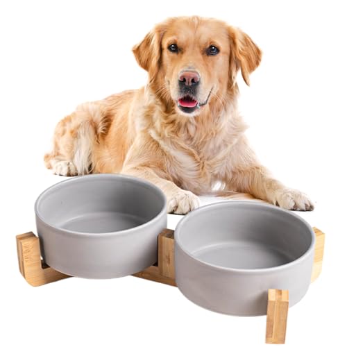 Hundenapf Keramik, 2 Stück Futterschüssel Wassernapf Napf mit Bambus Ständer für mittelgroße und große Hunde Futter- und Wassernapf (Grau,12 * 5cm/300ml) von Viusneun