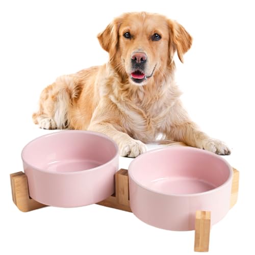 Hundenapf Keramik, 2 Stück Futterschüssel Wassernapf Napf mit Bambus Ständer für mittelgroße und große Hunde Futter- und Wassernapf (Rosa,12 * 5cm/300ml) von Viusneun