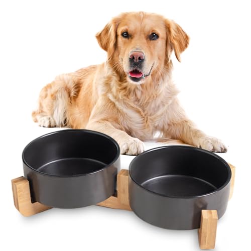 Viusneun Hundenapf Keramik, 2 Stück Futterschüssel Wassernapf Napf mit Bambus Ständer für mittelgroße und große Hunde Futter- und Wassernapf (Schwarz,12 * 5cm/300ml) von Viusneun