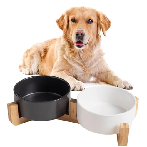 Hundenapf Keramik, 2 Stück Futterschüssel Wassernapf Napf mit Bambus Ständer für mittelgroße und große Hunde Futter- und Wassernapf (Schwarz und weiß,17 * 7cm/1000m) von Viusneun