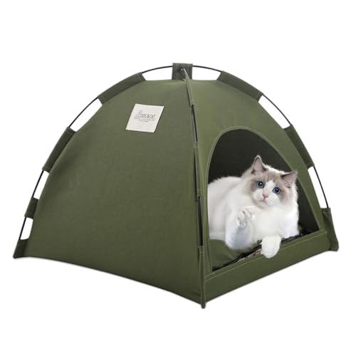 Tragbares Haustier Tipi mit Kissen Katze Hunde Outdoor Camping Ruhezelt Abnehmbar und Waschbar Haustierbett Wegklappen Haustier Hundebett Katzenbett (Armeegrün,35 * 35 * 30CM) von Viusneun