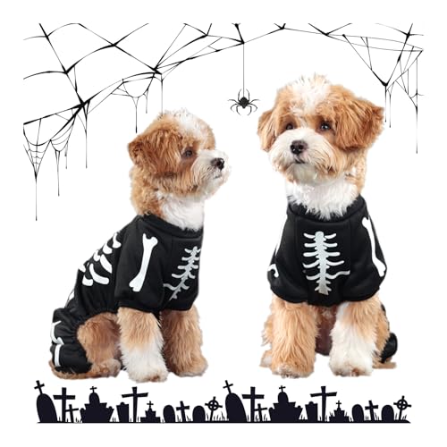 Hund Halloween Kostüm Haustier Schädel Pyjama Sotf Welpe Skelett Kleidung Lustige Katze Party Anzug Hoodie Haustier Jumpsuit Shirt für Welpe Hund Katze Cosplay Dress Up Supplies, Schwarz/XL von Vivi Bear