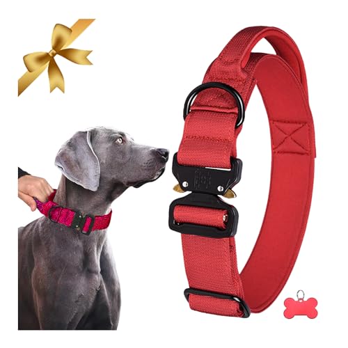 Vivi Bear Große Hunde Taktisches Halsband mit Griff Dickes Verstellbares Hundehalsband, Nylon Halsband Hund Neopren Gepolstert, Sicherheitsschnalle, für Jagd Training Freizeit Outdoor, Rot, XL von Vivi Bear