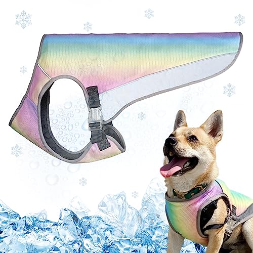 Vivi Bear Regenbogen Hundekühlweste Atmungsaktiv Mesh Hundejacke Sommer Cool und Bequem Hundemantel, leichte Jacke mit kühlender Mikrofaser-Technologie für Große Mittlere und Kleine Hunde,L von Vivi Bear