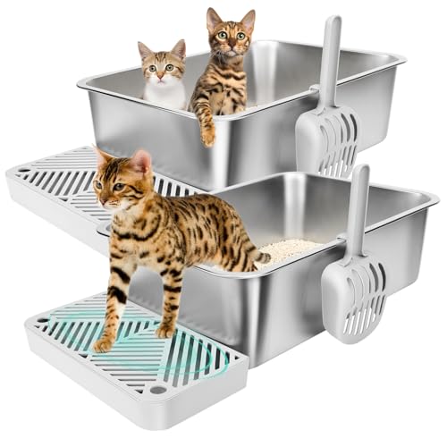 Vivifying 2 x Edelstahl-Katzentoilette, hohe Seite, Metall-Katzentoilette mit Schaufel und Fußteil, für Haushalt, Kätzchen, Kaninchen und Hamster, antihaftbeschichtet und leicht zu reinigen, groß, von Vivifying