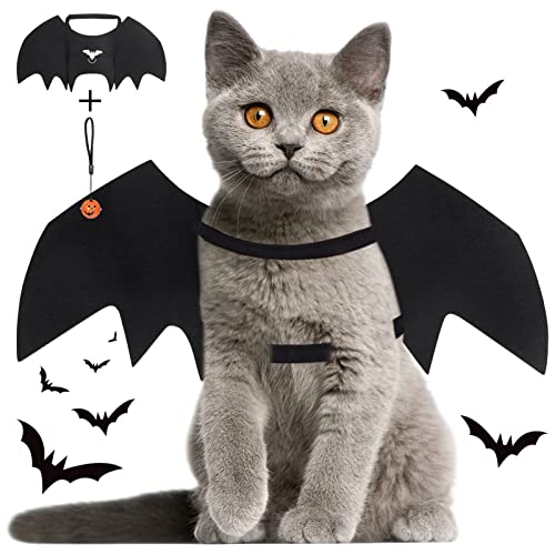 Vivifying Fledermausflügel Katze, Halloween Fledermaus Kostüm Flügel mit Kürbisglocke, Einstellbar Katzenkostüm Cosplay Dekoration (Hals: 9,4-12,6 Zoll/Brustumfang: 12,9-19,7 Zoll) von Vivifying