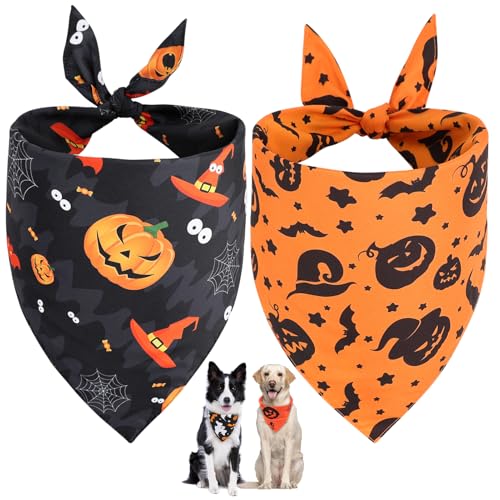 Vivifying Halloween Halstuch Hund, 2Pcs Einstellbare Dreieck Hundehalstuch mit Hexe Kürbis-Muster, Hundekostüm Halloween für kleine mittlere große Hunde von Vivifying