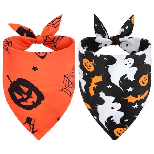 Vivifying Hundekostüm Halloween, 2Pcs Einstellbare Dreieck Hundehalstuch mit Hexe Kürbis-Muster, Hundekostüm Halloween für große Hunde XL von Vivifying