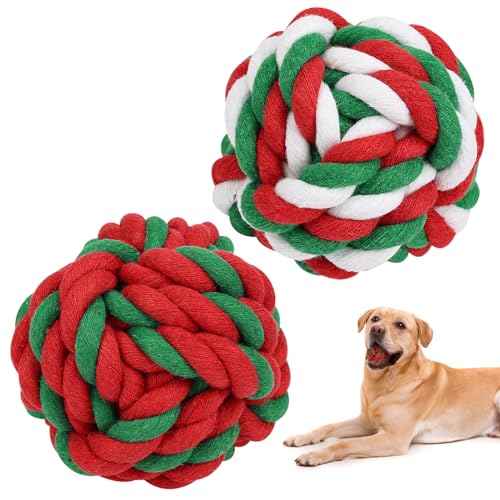 Vivifying Hund Seil Ball, 2 Stück Kaubälle aus Geflochtener Baumwolle für Hunde Zahnreinigung（Rot Grün Weiß） von Vivifying