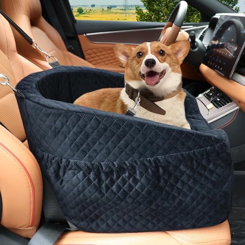 Vivifying Hundeautositz für kleine und mittelgroße Hunde, abnehmbare und waschbare Sitzerhöhung für Haustiere bis zu 13.6KG, Reisebett mit Staufächern und Sicherheitsgurt (Schwarz) von Vivifying