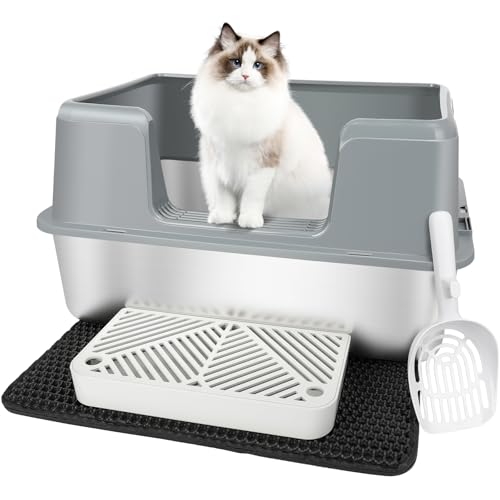 Vivifying Katzenklo Edelstahl, XL Leicht zu Reinigen und Geruchsresistent Katzentoilette Edelstahl Auslauf-und Verschüttungssicher, Edelstahl Katzenklo mit Pedals, Schaufel und Matte (Grau) von Vivifying