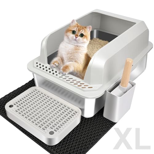 Vivifying Katzentoilette Edelstahl, XL Leicht zu Reinigen und Geruchsresistent Katzenklo Edelstahl Auslauf-und Verschüttungssicher, Edelstahl Katzenklo mit Pedals, Schaufel und Matte (Grau) von Vivifying