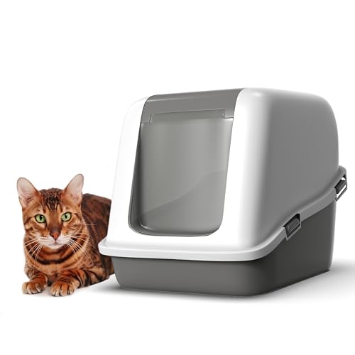 Ella Comfort Katzentoilette mit Haube und Klappentür, hochseitige Katzentoilette mit Abnehmbarer Oberseite, Kohlefilter zur Geruchsbeseitigung (Grau/Weiß, 55 x 39 x 41) von Vivo Technologies