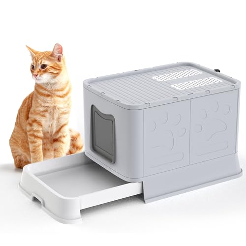 Jumbo Katzentoilette groß mit Klappentür, herausziehbarer Katzentoilette für einfache Reinigung, Doppel-Kohlefilter zur Geruchsbeseitigung, Faltbare obere Box (Grau/Weiß, 57x43.5x53.5) von Vivo Technologies