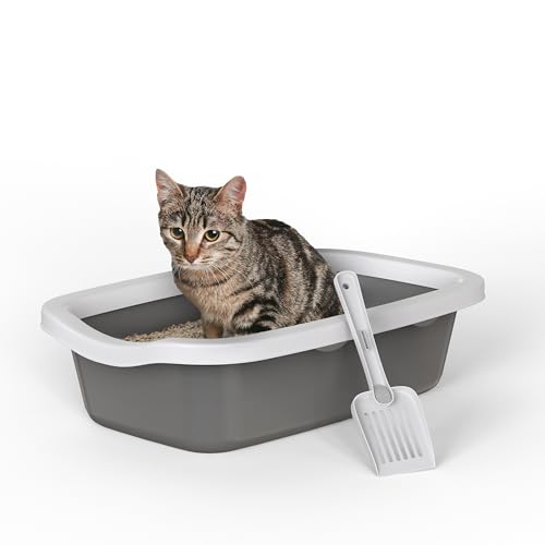 Quadratische Katzentoilette mit Reinigungsschaufel, hohe Seiten, quadratische Ecken mit abnehmbaren Rändern, auslaufsichere und schmutzfreie Katzentoilette (Grau/Weiß, 58 x 38,5 x 16 cm) von Vivo Technologies