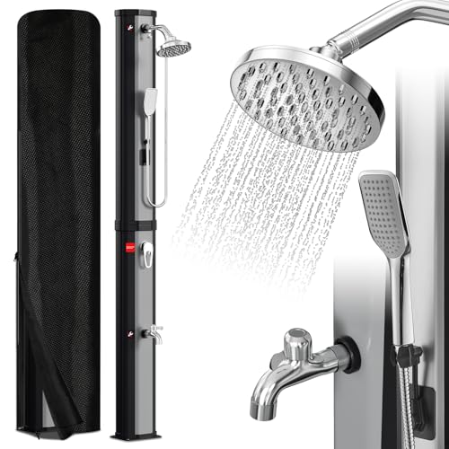 Vkechh 60L Solardusche | Einstellbar Regenduschkopf | Wasserhahn | handbrause | Max. 60℃ | Ohne Stromanschluss | Mit Schutzhaube-Ablassschraube | Schwarz/Silber von Vkechh