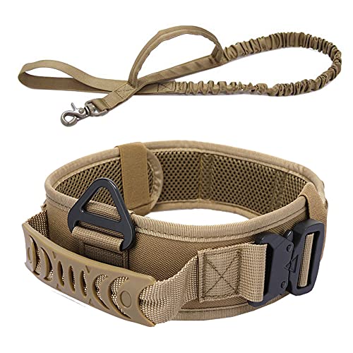 Vmokki Gepolstertes Hundehalsband & Hundeleine Taktisch Verstellbar Breit Hunde Halsband mit Kontrollgriff, Metallschnalle für Große Hunde Training Outdoor (Braun) von Vmokki