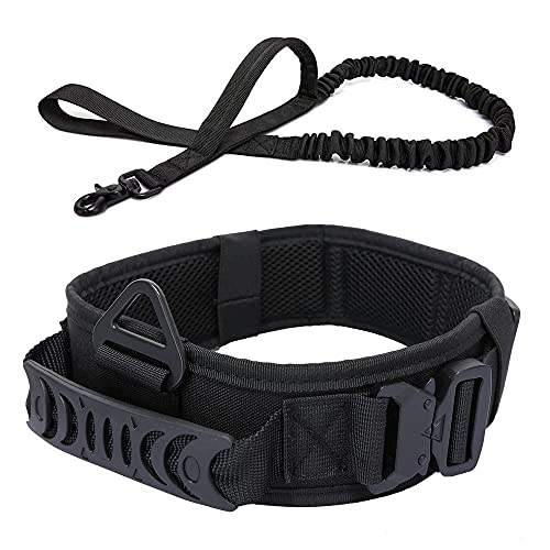 Vmokki Gepolstertes Hundehalsband & Hundeleine Taktisch Verstellbar Breit Hunde Halsband mit Kontrollgriff, Metallschnalle für Große Hunde Training Outdoor (Schwarz) von Vmokki