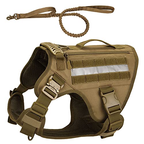 Vmokki Hundegeschirr & Hundeleine für mittelgroße, große Hunde Reflektierend Reißverschluss-Taschen Taktisch Molle Hundeweste Gepolstert Brustgeschirr (XL, Khaki) von Vmokki