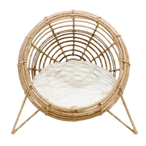 Handgewebter Rattan-Haustier-Lounge-Sessel mit Plüschkissen, luxuriöses Nest für Katzen und kleine Hunde, gemütliches erhöhtes Bett, langlebige und stilvolle Tierliege, umweltfreundliche Haustiermöbel von Vniture