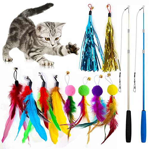 Voarge 12 PCS Interaktives Katzenspielzeug mit Federn, Katzenspielzeug mit lebhaften Farben (2 dreiteilige Angeln + 10 Ersatzköpfe mit Glocke) von Voarge