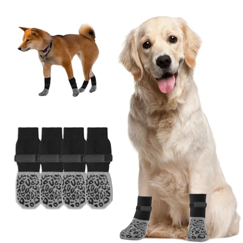 Voarge 4 Stück Hundesocken mit rutschfesten, Socken für Hunde Verstellbarer, Antirutschsocken Hund für den Innen- und Außenbereich, Spot, XL von Voarge