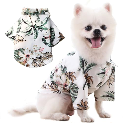 Voarge Haustier-Poloshirt,Hawaiian Style Floral Hundeshirt Bedruckte T-Shirts,Stylisches atmungsaktives Hundesommer-T-Shirt für kleine bis mittlere Hunde Katzen (Kokosnuss-Weiß, L) von Voarge