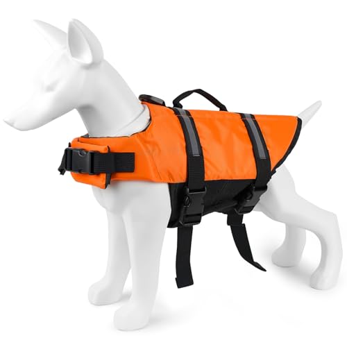 Voarge Hund Rettungsweste, Haustier Sicherheitsweste Badebekleidung Hund Rettungsweste, für Hundegröße einstellbar mit starkem Schwimm- und Rettungsgriff (Orange, L) von Voarge