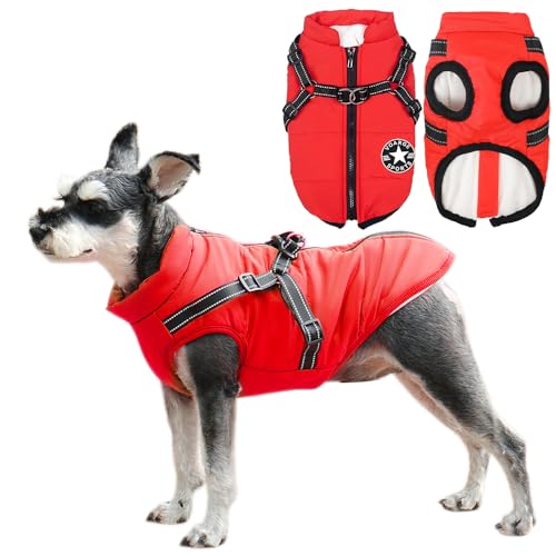 Voarge Hundejacke Winterweste Jacken, Hundemantel mit Geschirr für Kleine Hunde Hundemantel Wasserdicht Maschinen Waschbarer Reflektierender Streifen Design Haltbarer D-Ring (3XL, Rot) von Voarge