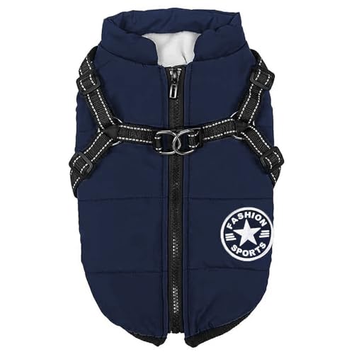 Voarge Hundejacke Winterweste Jacken, Hundemantel mit Geschirr für Kleine Hunde Hundemantel Wasserdicht Maschinen Waschbarer Reflektierender Streifen Design Haltbarer D-Ring (M,Blau) von Voarge