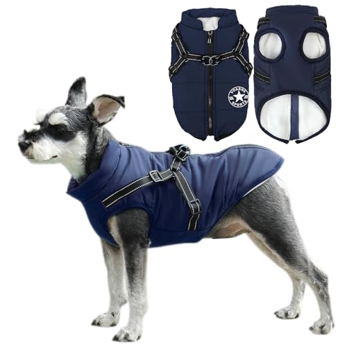 Voarge Hundejacke Winterweste Jacken, Hundemantel mit Geschirr für Kleine Hunde Hundemantel Wasserdicht Maschinen Waschbarer Reflektierender Streifen Design Haltbarer D-Ring (XXL,Blau) von Voarge