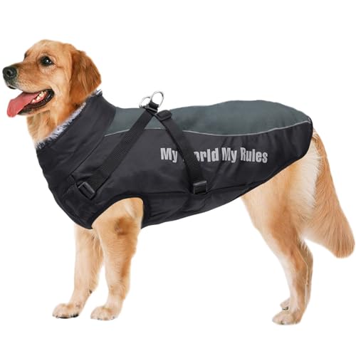 Voarge Hundemantel Warme Jacke, Wasserdichte Winterjacke für Hunde mit Geschirr, Winddicht, Skijacke Winddicht mit reflektierenden Bändern (6XL, Grau) von Voarge