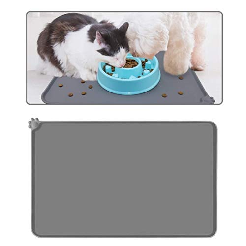 Voarge Tiernahrung Matte Platzdeckchen, Fressnapfunterlage für Katze oder Hund, Futtermatte aus Silikon mit Rand, Wasserdicht Anti-Rutsch Antihaft-Futternapf, 47x30cm(Grau) von Voarge