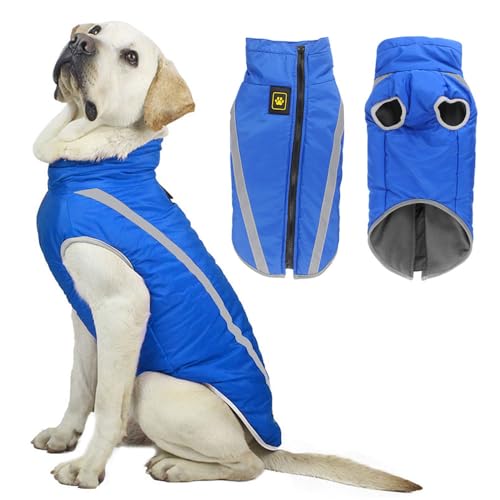 Voarge Wasserdichter Hundemantel Winter Warme Jacke, Reflektierende Verstellbare Outfit Winter Jacke für kleine mittelgroße Hunde mit Geschirrloch (Blau, 2XL) von Voarge