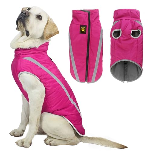 Voarge Wasserdichter Hundemantel Winter Warme Jacke, Reflektierende Verstellbare Outfit Winter Jacke für kleine mittelgroße Hunde mit Geschirrloch (Rosa, 4XL) von Voarge