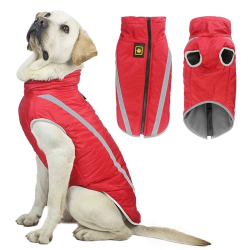 Voarge Wasserdichter Hundemantel Winter Warme Jacke, Reflektierende Verstellbare Outfit Winter Jacke für kleine mittelgroße Hunde mit Geschirrloch (Rot, 2XL) von Voarge