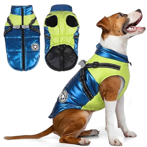 Voarge wasserdichte Winterjacke mit Geschirr und Ring, Wasserdichter Hundemantel für kleine Hunde, Mantel Winterjacke Hund Warm, Gepolsterter Mantel (Blau-grün, L) von Voarge