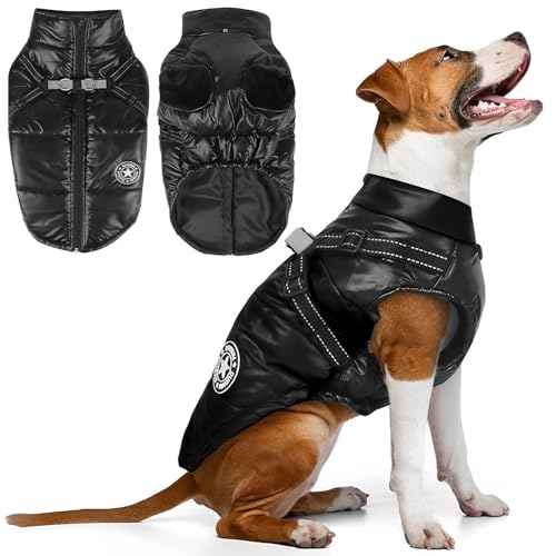 Voarge wasserdichte Winterjacke mit Geschirr und Ring, Wasserdichter Hundemantel für kleine Hunde, Mantel Winterjacke Hund Warm, Gepolsterter Mantel (Schwarz, L) von Voarge