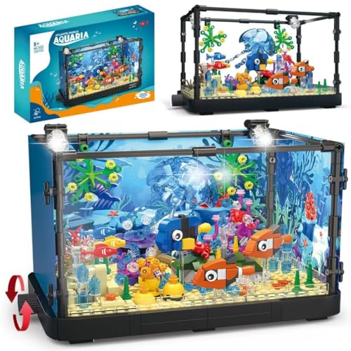 Vocrev Aquarium-Baustein-Set für Erwachsene und Kinder, Beleuchtung, Aquarium, Bausteine, Spielzeug für Jungen und Mädchen, Alter 8–14 Jahre, einschließlich Ozeanquallen, Fische, Korallen, Krabben, von Vocrev