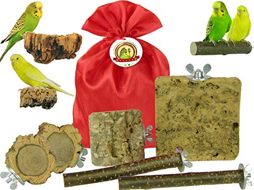 Vogelzubehör Geschenk-Set | 2 Korksitzbretter + 2 Sitzstangen + 2 Korkast-Scheiben verpackt im roten Satin-Beutel von VogelKing