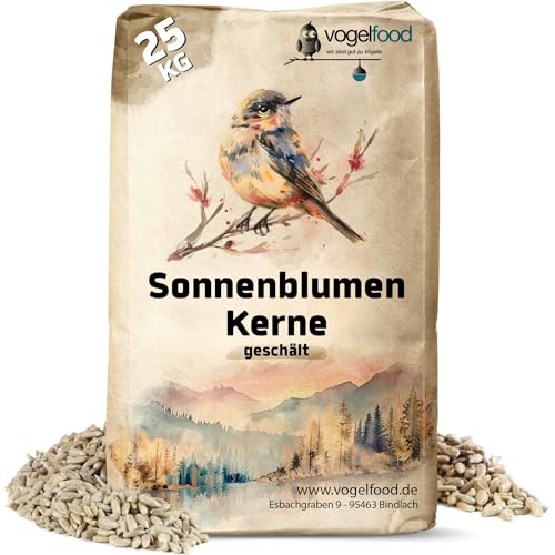 Vogelfood | 25 kg Sonnenblumenkerne Geschält | Wildvogelfutter Ganzjährig | Ideal für Jungtiere | Vogelfutter für Wildvögel | Wertvolles Streufutter | Energiespender ohne Schale | Sommer und Winter von Vogelfood wir sind gut zu Vögeln