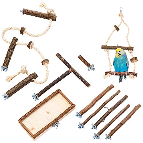 Vogelgaleria® 10 teiliges Set mit GRATIS EINZELSITZER, Natur Sitzstangen Vogelschaukel, Sitzbrett, Anflugstange und Sitzseil für Wellensittich, Nymphensittich | Zubehör Vogelkäfig Spielzeug von Vogelgaleria