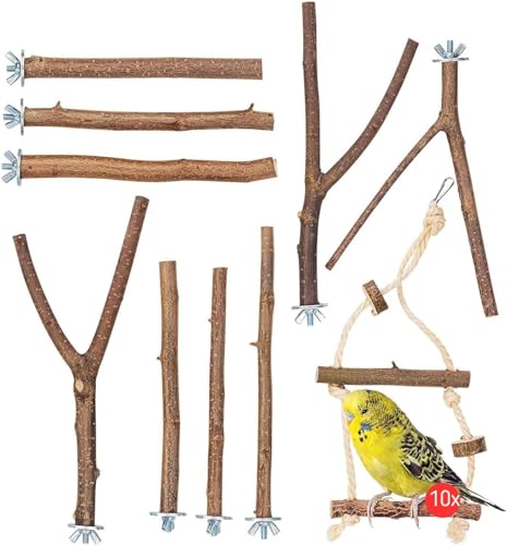 Vogelgaleria® 10er Natur Sitzstangen Set für Vögel inkl. GRATIS Schaukel und 3 Y Stangen für Wellensittich, Nymphensittich & Co von Vogelgaleria