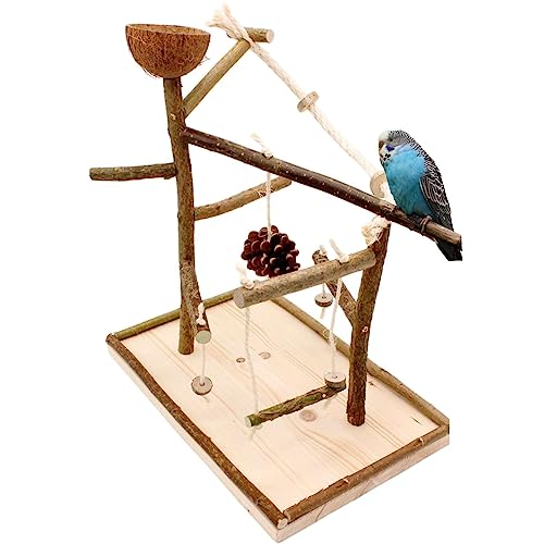 Vogelgaleria® Luxus Vogelspielplatz aus Natur Holz mit Abnehmbarer Futterschale | Ideales Spielzeug bei Freiflug für Wellensittich Nymphensittich | Vogelspielzeug von Vogelgaleria