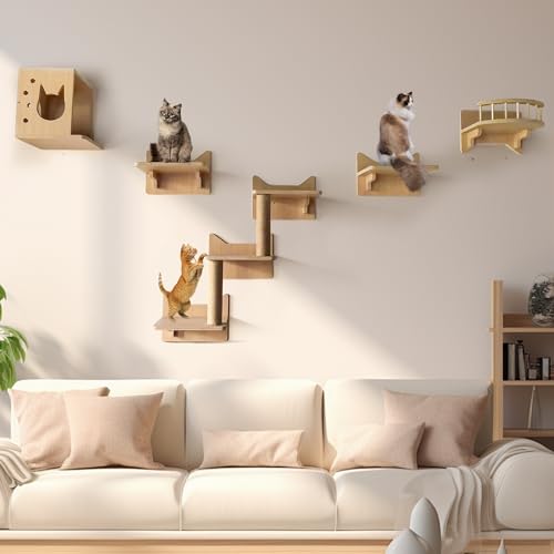 VoirStar Katzen-Wandregale Möbel-Set, Katzenregale und Sitzstangen für Wand, Kletterregal Spielplatz Kratzbaum mit 3 Stufen Indoor Montiert Condos Haus, bis zu 11,3 kg, Katzenwandrahmen von VoirStar