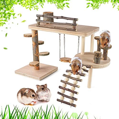 VolksRose Holz Hamster Spielplatz Plattform, Hamster Klettern Spielzeug, Natur Living Klettersystem Kleintiere Aktivitätsset mit Leiter Futterschale Rampe Brücke für Maus Rennmäuse Ratte Chinchilla von VolksRose