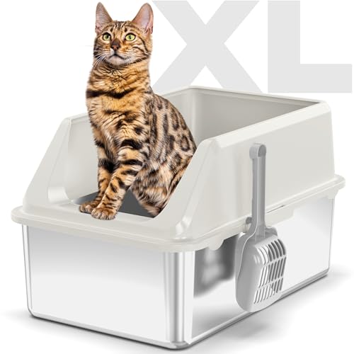 Katzentoilette aus Edelstahl: Voluas XL große Metalltoilette hochseitig, nimmt nie Gerüche auf, Anti-Urinleckage, einfache Reinigung, Cremeweiß von Voluas