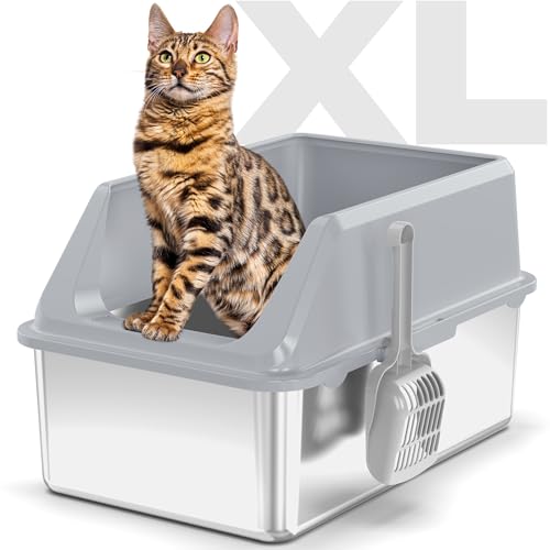 Katzentoilette aus Edelstahl: Voluas XL große Metalltoilette hochseitig, nimmt nie Gerüche auf, Anti-Urinleckage, einfache Reinigung, silberweiß von Voluas