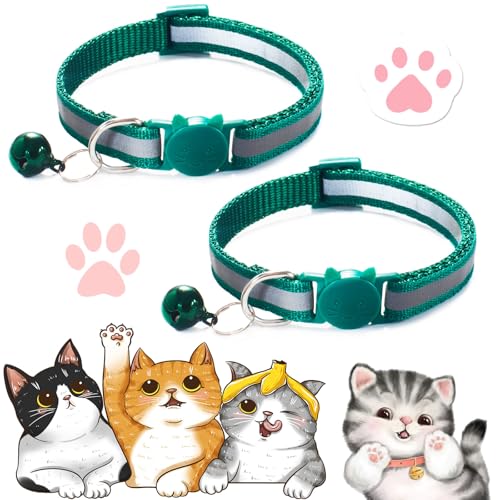 2PCS Cat Collar, Cat Collar with Bells, Cat Collar Breakaway, Kitten Collar with Bell, Reflective Cat Collar, Breakaway Cat Collars,Adjustable Safety Buckle Collar (Dark Green) von Vopetroy